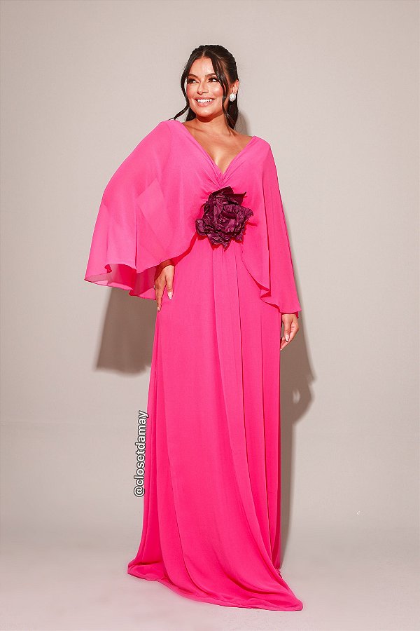 Vestido de festa longo, com capa em decote em v - Rosa Pink