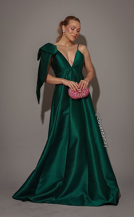 Vestido de festa longo, em zibeline com decote em v e alças finas - Verde Esmeralda