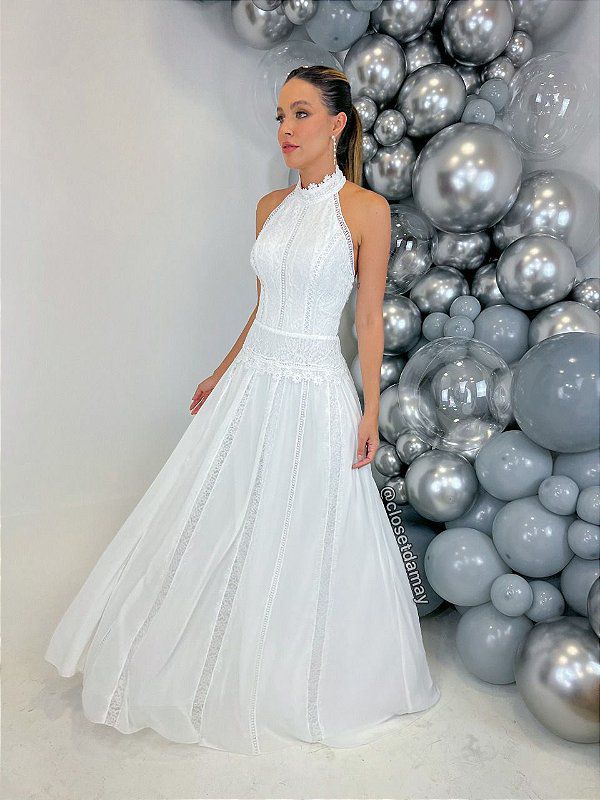 Vestido de noiva longo, frente único, com busto em renda e saia em crepe de seda - Off White