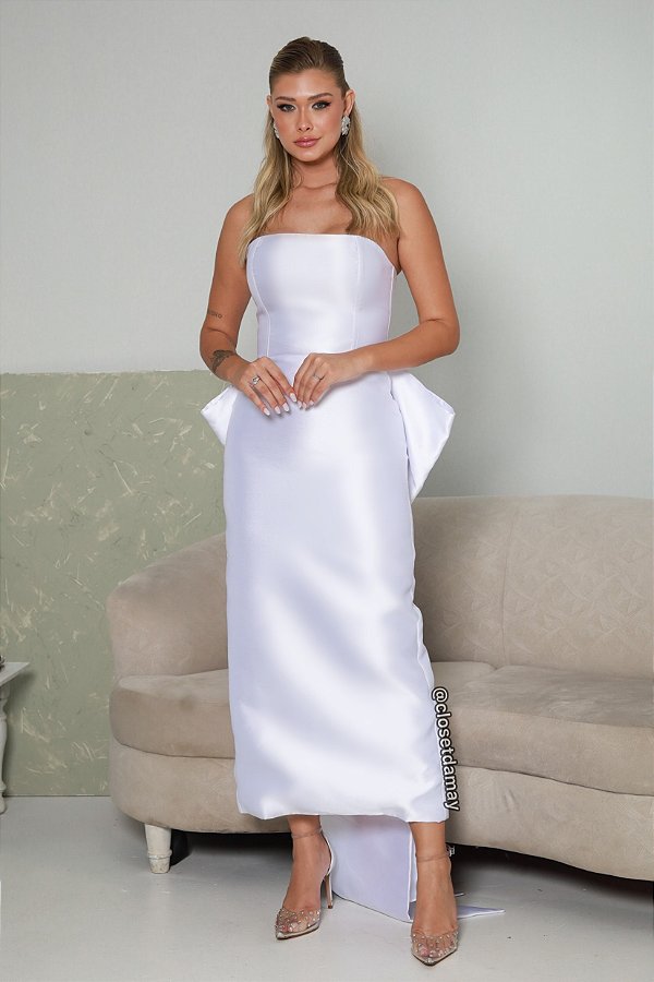 Vestido de noiva midi, em zibeline, tomara que caia com laço removível - Branco