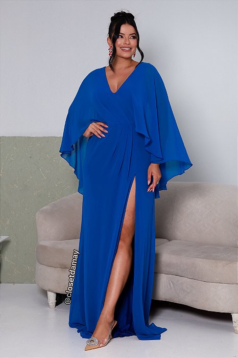 Vestido de festa longo, com capa e decote em v  - Azul Royal