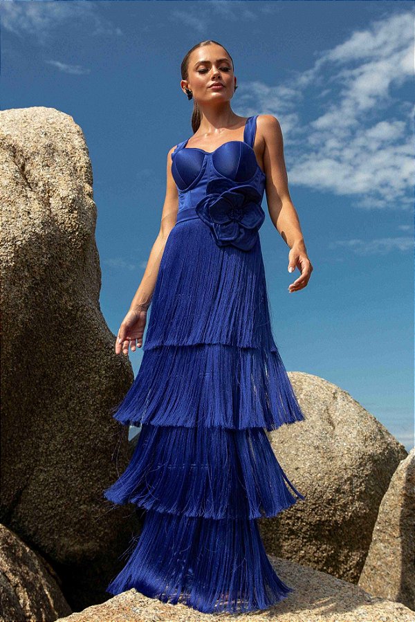 Vestido de festa longo, em franja com cinto removível - Azul Royal
