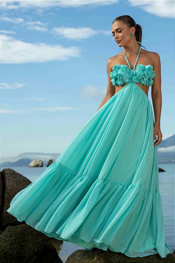 Vestido de festa longo, frente única, com recortes e flores 3d - Tiffany