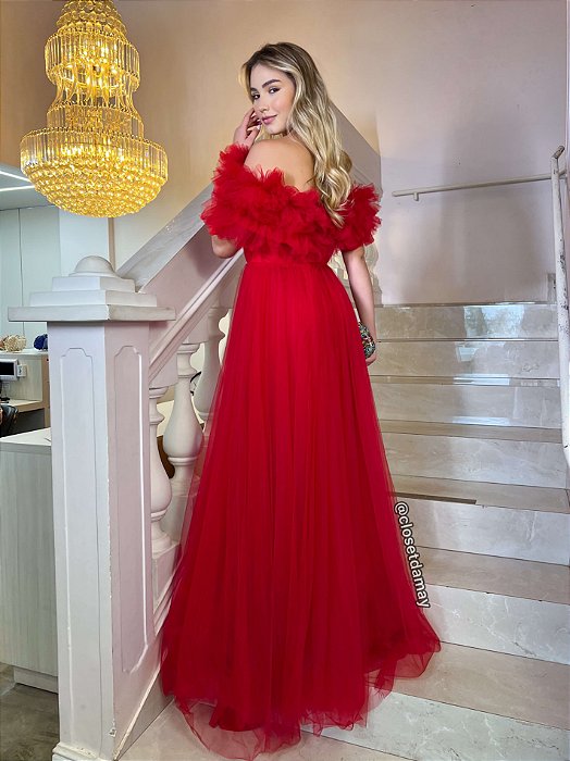 Vestido de festa vermelho ombro a ombro sales