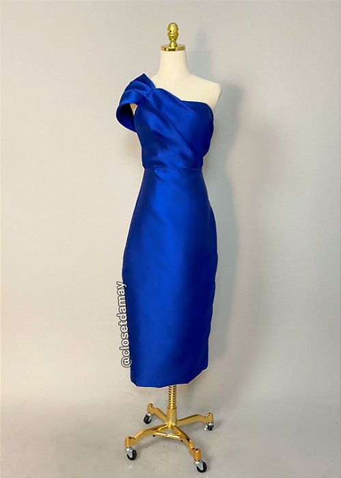 Vestido de festa midi em zibeline, nula manga com drapeado no busto - Azul Royal