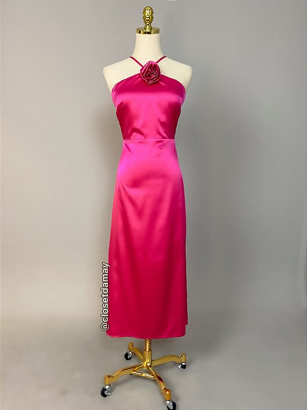 Vestido de festa midi, frente única com decote nas costas - Rosa Pink
