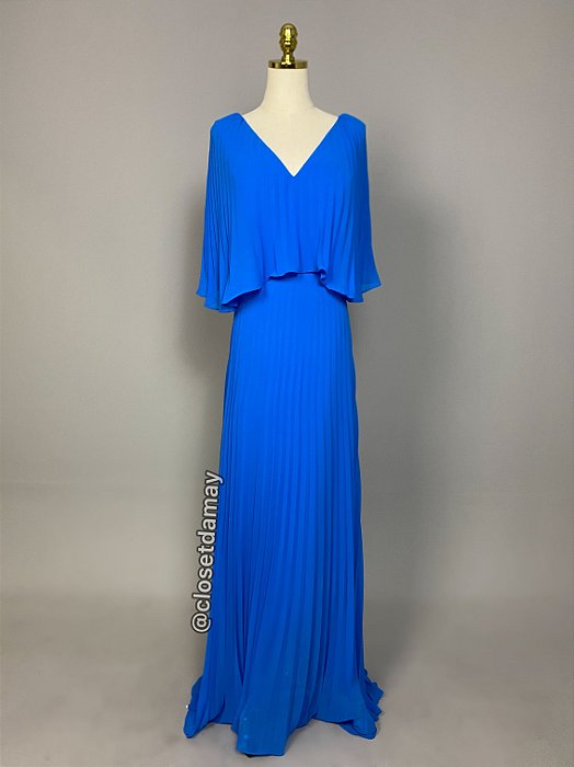 Vestido de festa longo, plissado com decote em v -  Azul
