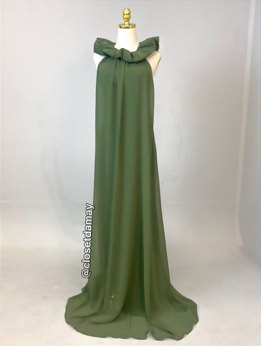 Vestido de festa longo, frente única com detalhes na gola - Verde Oliva