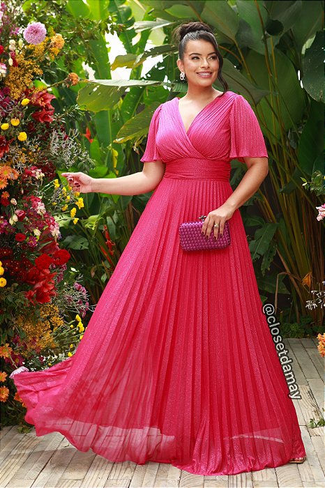 Vestido de festa longo, plissado em lurex com brilho com decote em V - Rosa Pink