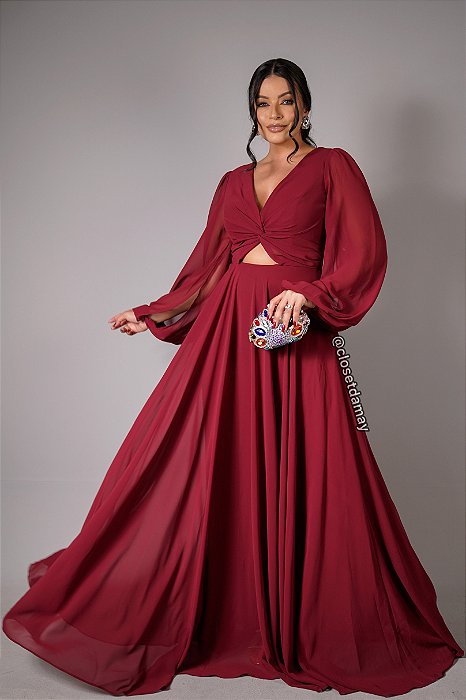 Vestido de festa em crepe de seda, com manga longa e decote v - Marsala