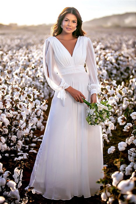 Vestido de noiva longo, mangas abertas e laço no punho e decote V - Branco