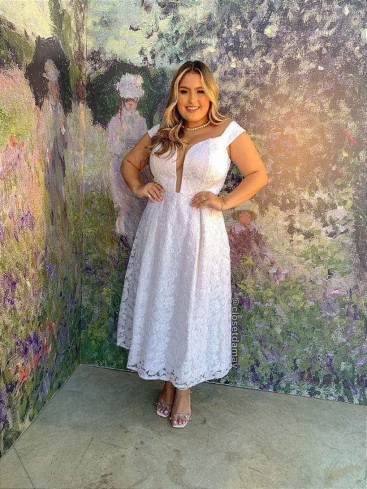 Vestido de noiva midi plus size com renda e decote em tule - Vestido de  casamento e vestido de festa