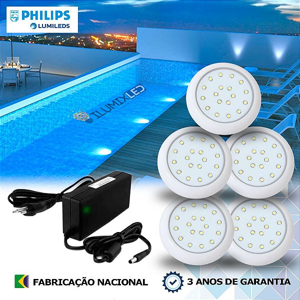 21 - KIT ILUMINAÇÃO LED PARA PISCINA 18w | 8 cm | IP68 À Prova d'água | COR FIXA | 5 Luminária | LED PHILIPS