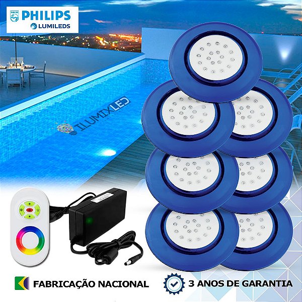 80 - KIT ILUMINAÇÃO LED PARA PISCINA 18w | 12,5 cm | RGB sistema Colorido  | IP68 À Prova d'água | 7 Luminárias | LED PHILIPS