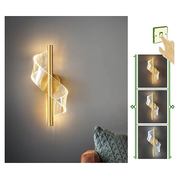 Arandela espiral caracol 5w dourada luz 3/1