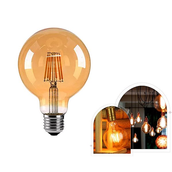 Lâmpada filamento led G95 8w âmbar - base E27
