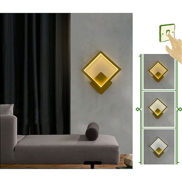 Luminária Arandela Teto e Parede Moderna Quadrado Dourado Luz 3/1