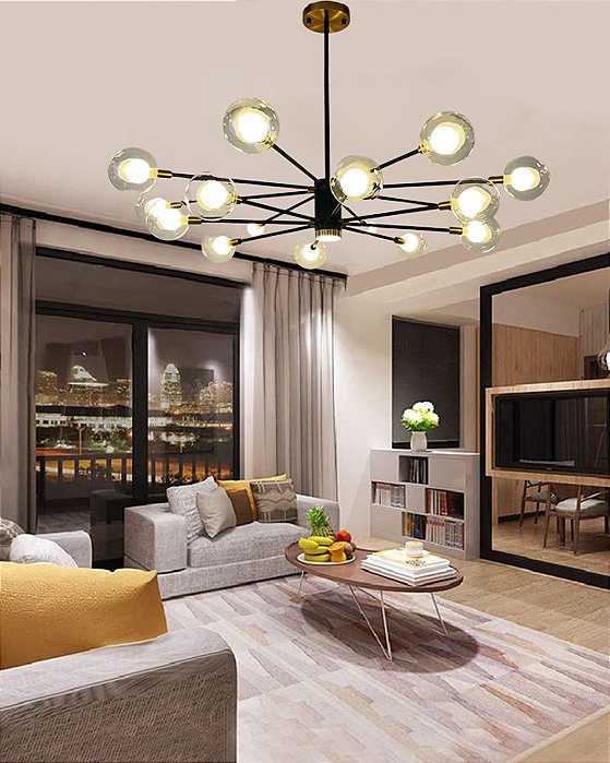 Lustre sputnik duplo 16 globos preto com dourado