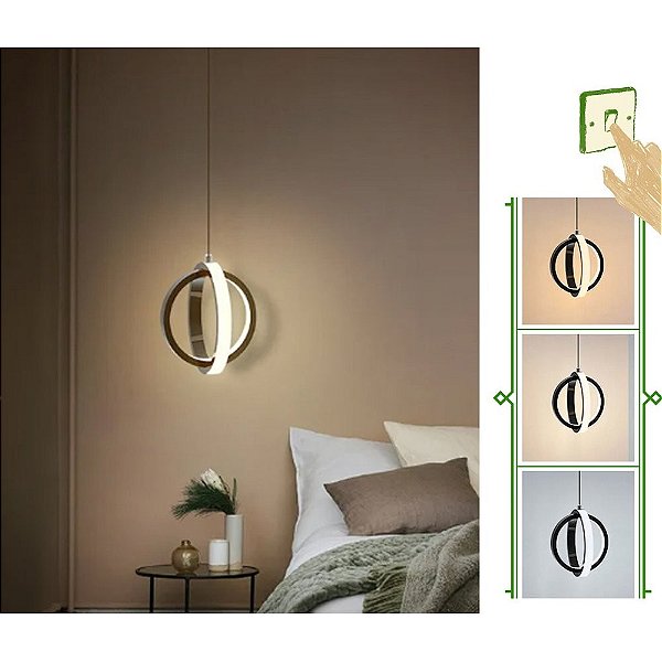 Pendente kong anel duplo 12w preto luz 3/1