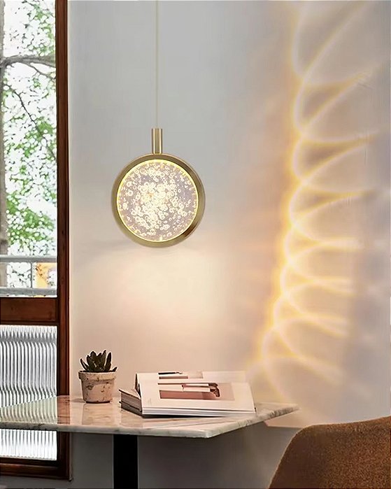 Pendente saturno cristal bolhas 7w dourado luz 3/1
