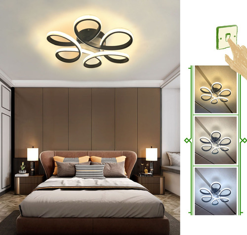 Luminária Moderna 6 Pétalas 48w Sobrepor Preto Luz 3/1 Para Quarto/ Sala De Estar E Jantar
