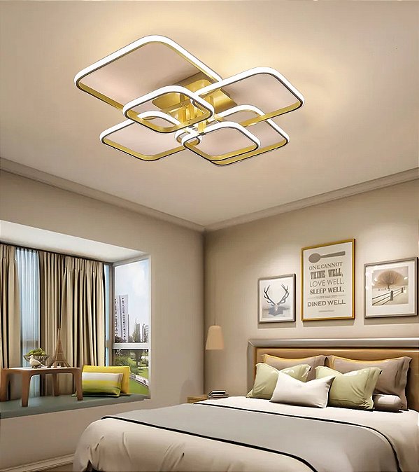 Luminária sobrepor 75W 6 quadrados dourada luz 3/1