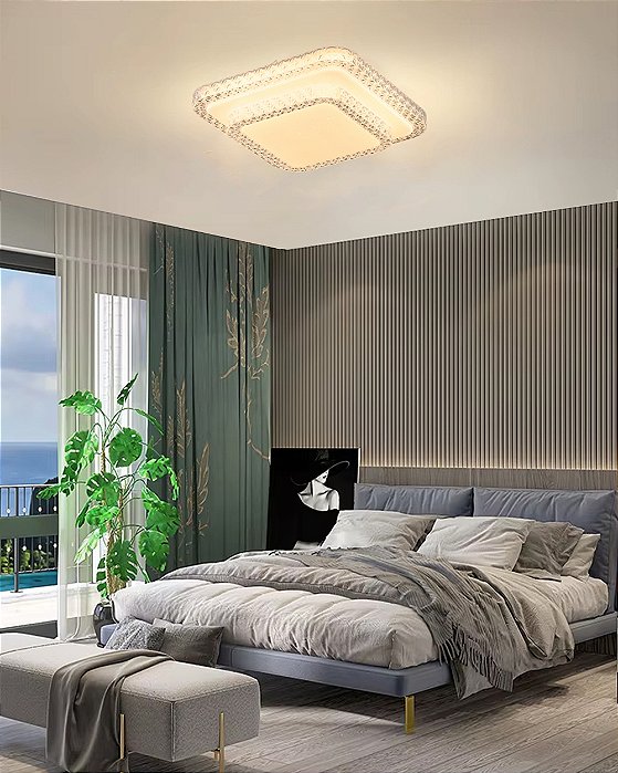 Luminária Sobrepor 30w Quadrada Em Led Com Cristais Estrelado Luz 3/1