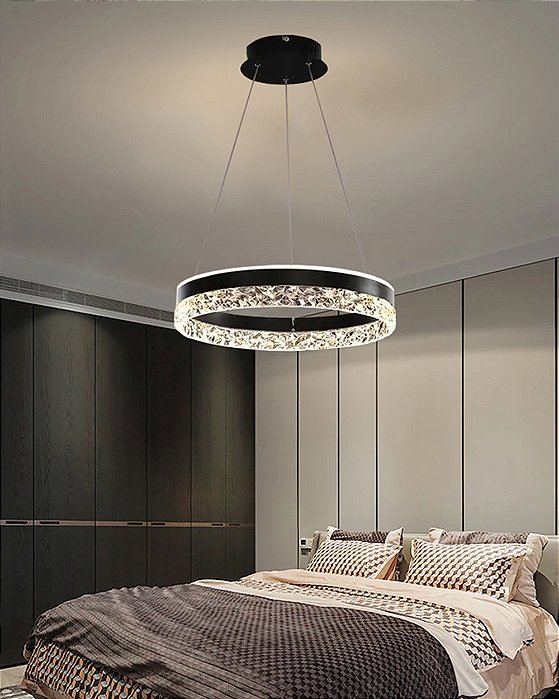 Lustre Pendente Moderno Preto Cristal Led 50cm Redondo Luxo Luz 3/1