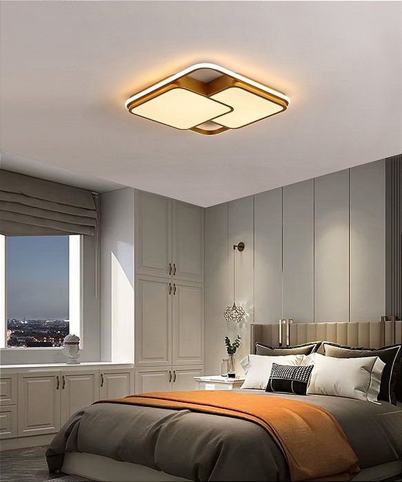 Luminária Moderna De Led Sobrepor Quadrado Duplo 40w Dourado Luz 3/1