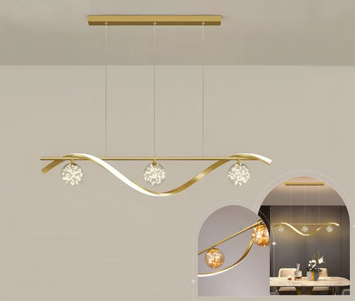Lustre Pendente Moderno Dourado Espiral Com Globos Em Fio De Fada Led Luz 3/1