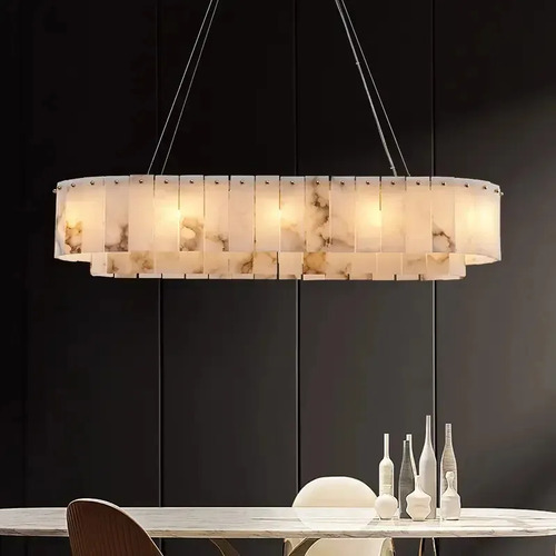 Lustre Pendente Moderno De Luxo Retangular Oval Nórdico Dourado Em Mármore Sintético Luz 3/1 - Green Age 127/220v