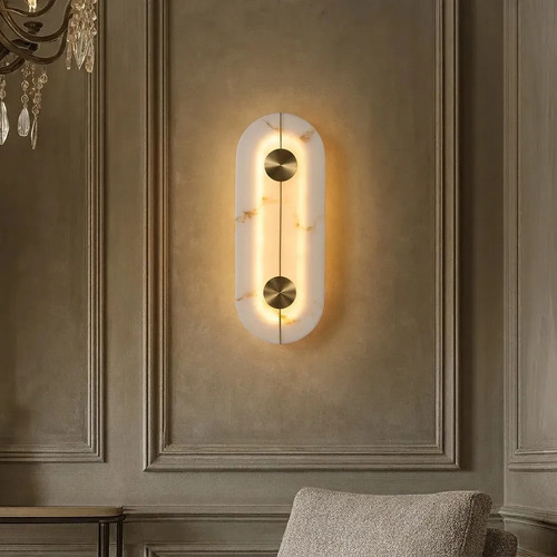 Luminária Arandela Moderna de Parede Nórdico Oval de Luxo Dourado em Mármore Sintético Luz Led 3/1- Green Age