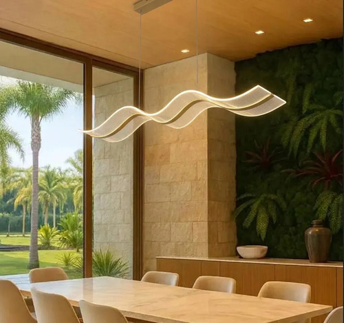 Lustre Pendente Moderno Minimalista Onda Dourado De Acrílico Com Luz Led 3 Em 1 - Green Age 127/220v