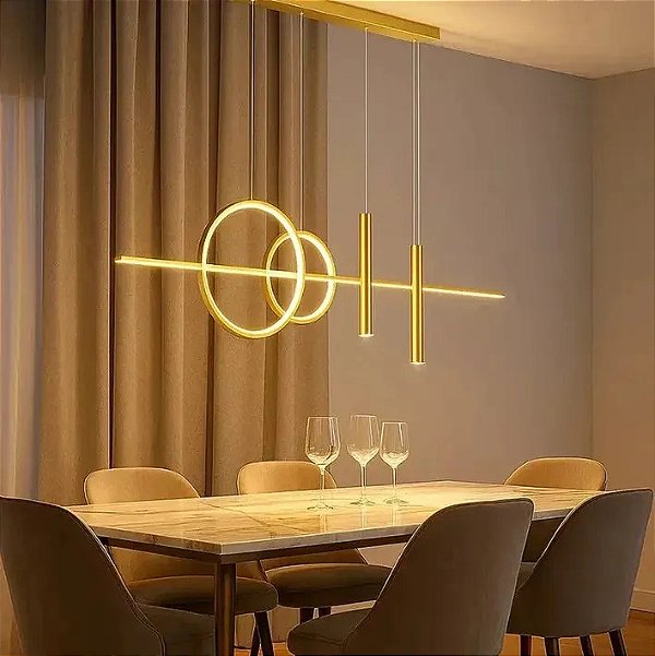 Lustre Pendente Moderno Dourado Nórdico Linear De Anéis E Tubos Com Luz Led 3 Em 1 - Green Age 127/220v