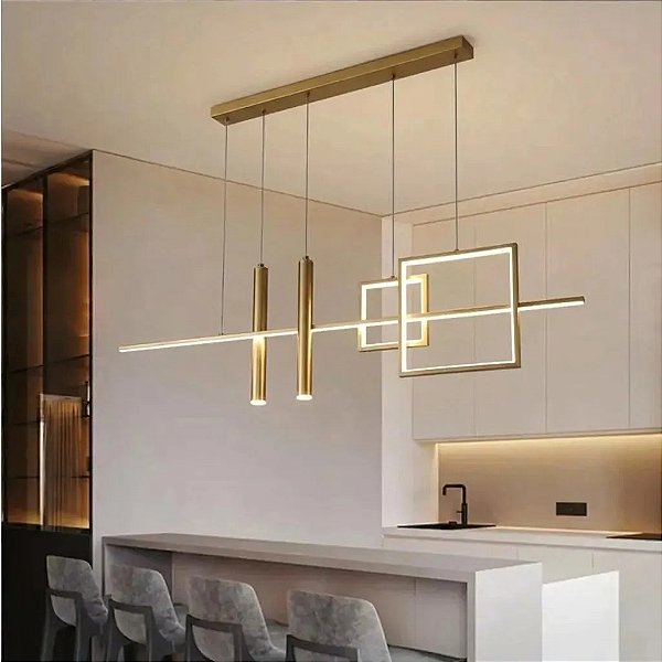 Lustre Pendente Moderno Dourado Nórdico Linear Com Quadrados E Tubos Luz Led 3 Em 1 - Green Age 127/220v