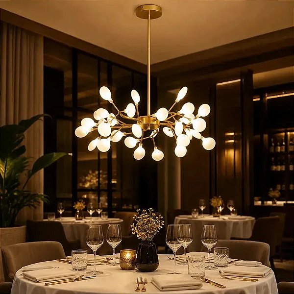 Lustre Pendente Moderno Dourado 75cm Design Ramos De Árvore Com 30 Led Luz 3 Em 1 - Green Age 127/220v