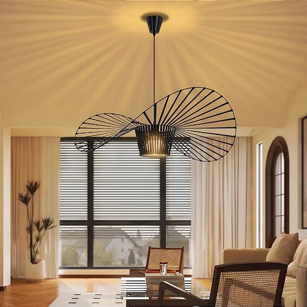 Lustre Pendente Moderno Preto Chapéu Vintage Rattan Design Italiano Vertigo 60cm - Green Age 127/220v