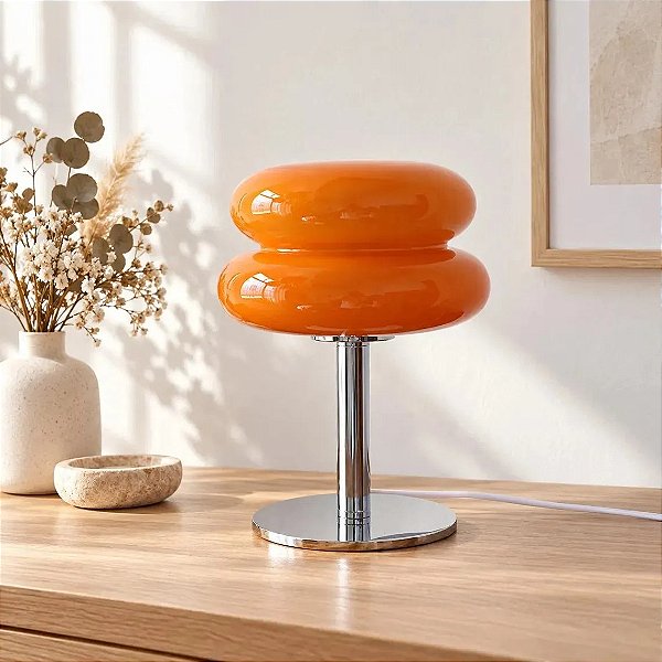 Luminaria Abajur De Mesa Macaron De Vidro Laranja Bauhaus Retrô Vintage Cogumelo Com Usb E Luz Led 3 Em 1 Dimerizável