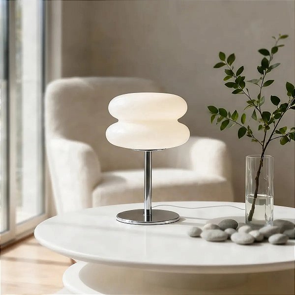 Luminaria Abajur De Mesa Macaron De Vidro Branco Bauhaus Retrô Vintage Cogumelo Com Usb E Luz Led 3 Em 1 Dimerizável
