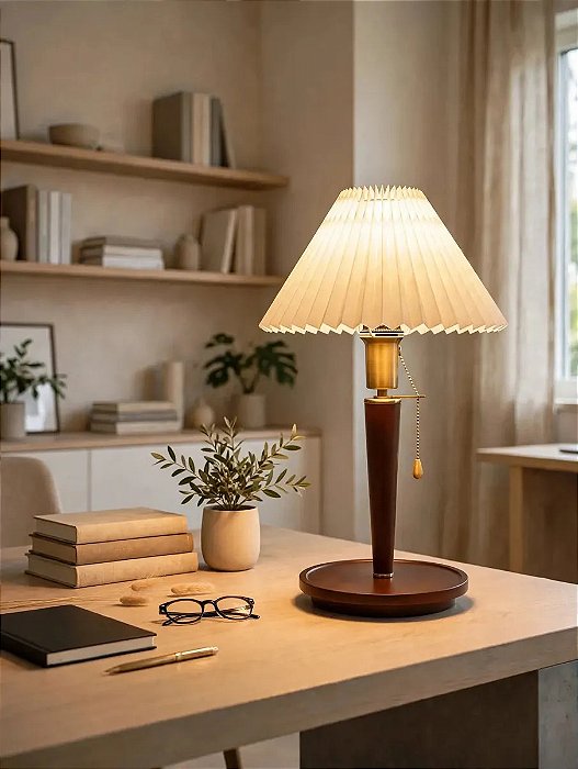 Luminária Abajur De Mesa Nogueira Plissado De Madeira Maciça Vintage Retrô Cabeceira Quarto Sala De Estar Estudo Leitura