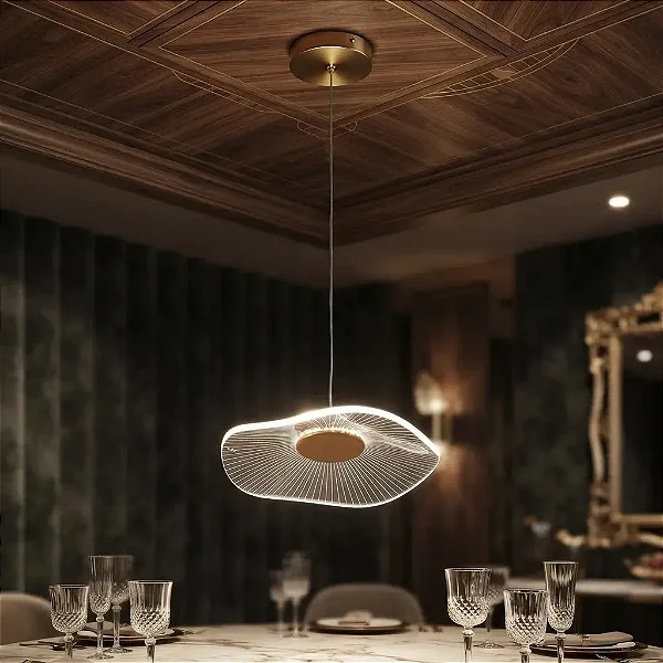 Lustre Pendente Moderno Dourado Folha De Lótus Em Acrilico Com Luz Led 3 Em 1 - Green Age 127/220v