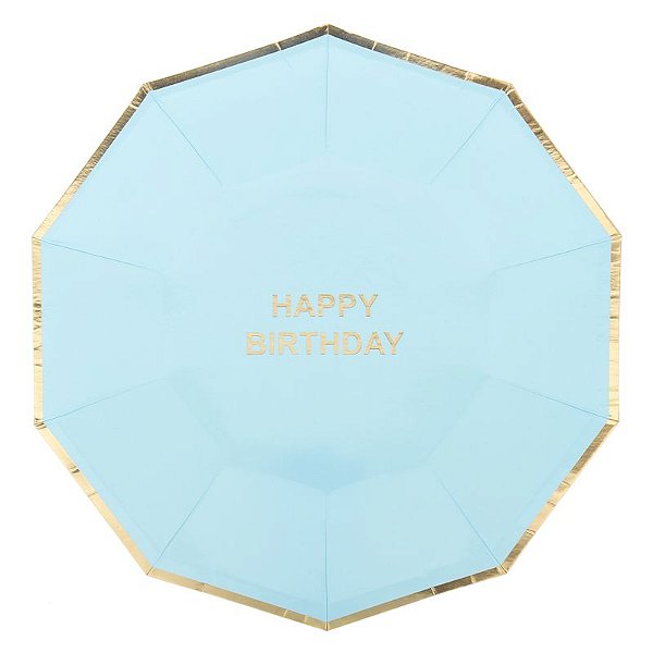 Prato de papel Azul claro/Dourado - Happy Birthday (10 un)