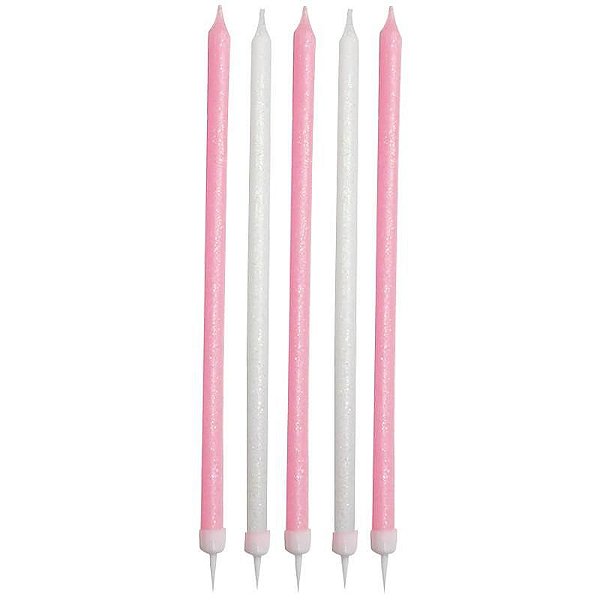 Vela longa glitter - Rosa e Branca (10 velas com pezinhos)