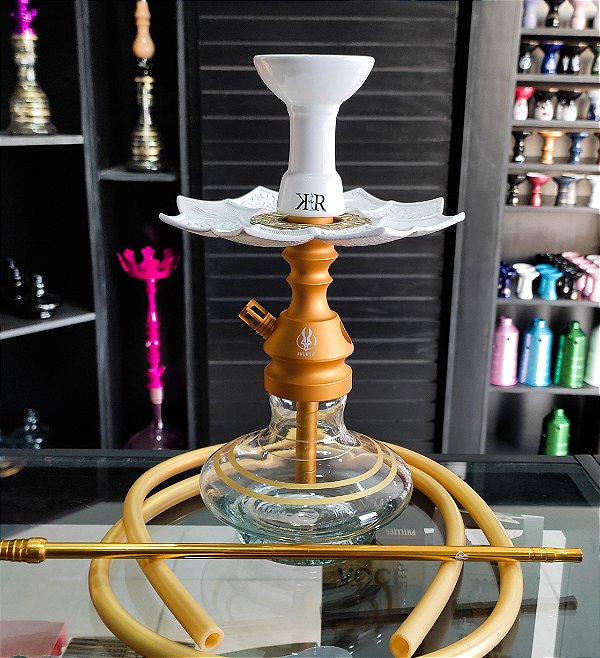 Narguile Anubis Dourado Fosco com Prato Flor de Lotus