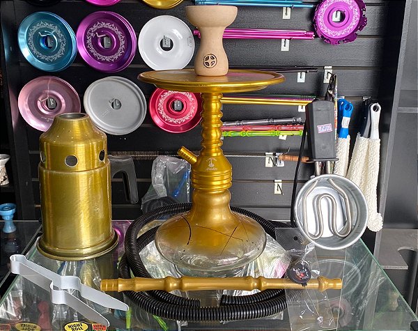 Kit Completo - Narguile Larussa Dourado (Fumaça no prato)