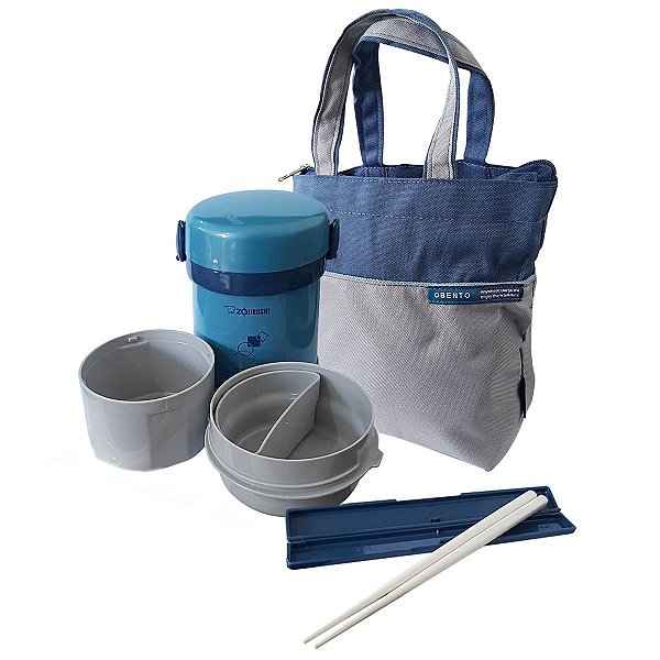 Marmita Térmica Zojirushi 2 Potes e Bolsa Aqua Blue 670 Ml
