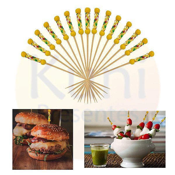 Kit 1000 Palito Decorativo trançado amarelo 12cm | Espeto Petiscos Buffet