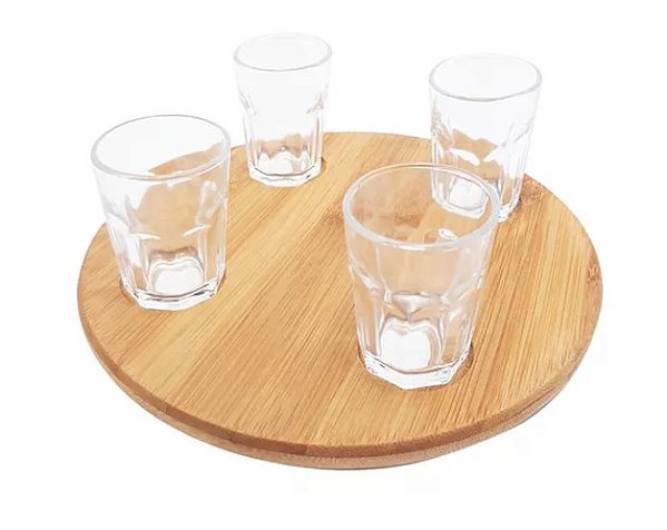 Conjunto 5 Peças Copos De Shot Aperitivos Suporte Bambu Welf