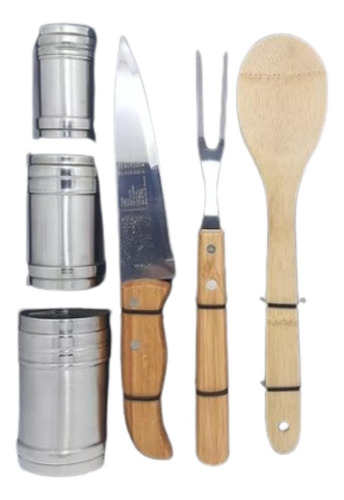 Conjunto 6 Peças Churrasco Porta Condimentos Inox Bambu Welf