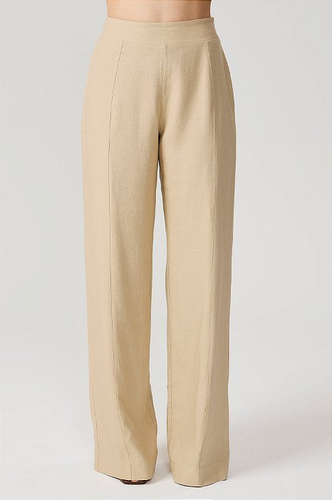 calça pantalona em linho bege